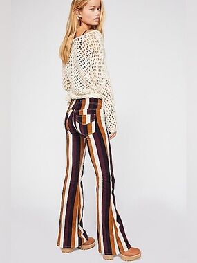Free People Vertical Striped Flare Pants in Mustard, Burgundy & White